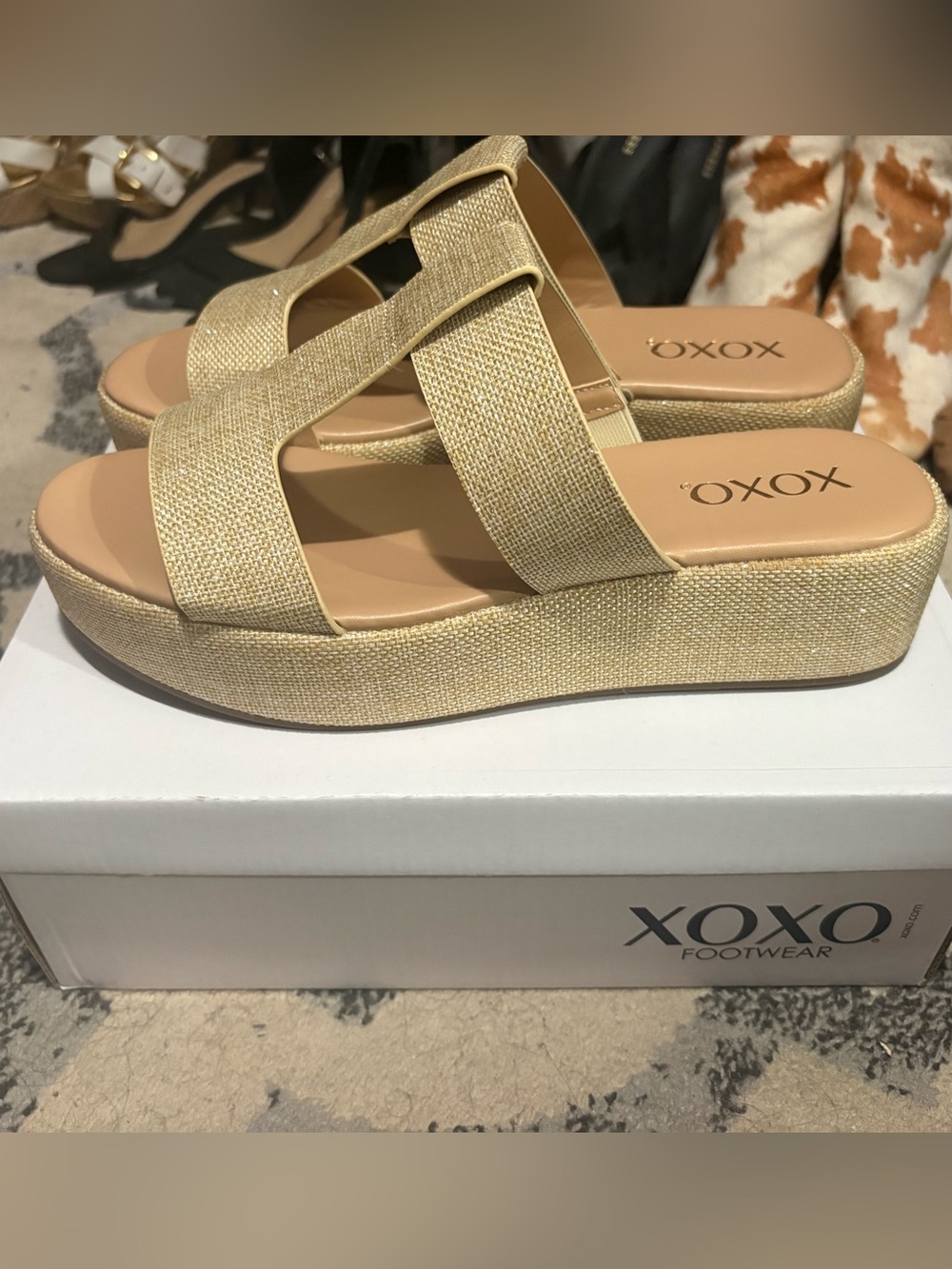 NIB XOXO Metallic Gold Crisscross Platform Mules